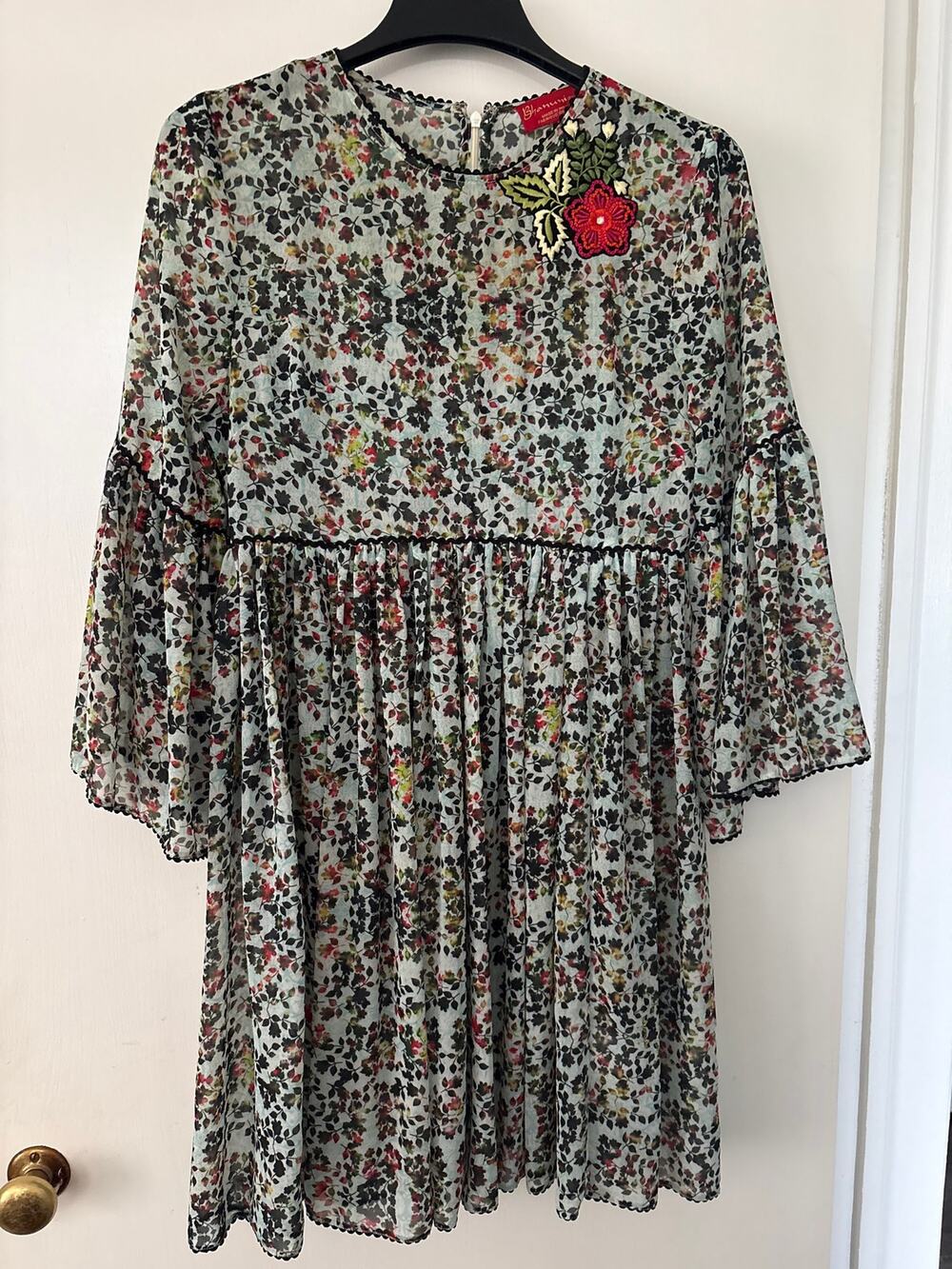 Floral Chiffon Mini Dress with Red Rose Patch